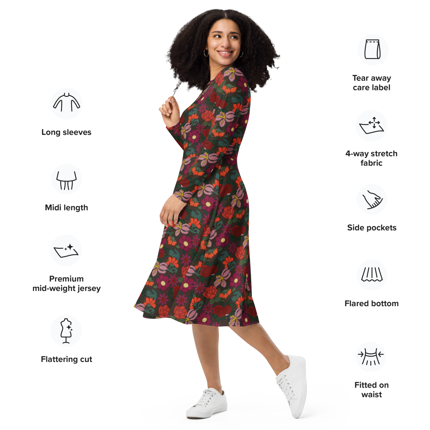Infografía del vestido midi de manga larga con estampado de bordado floral con modelo posando