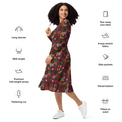 Infografía del vestido midi de manga larga con estampado de bordado floral con modelo posando