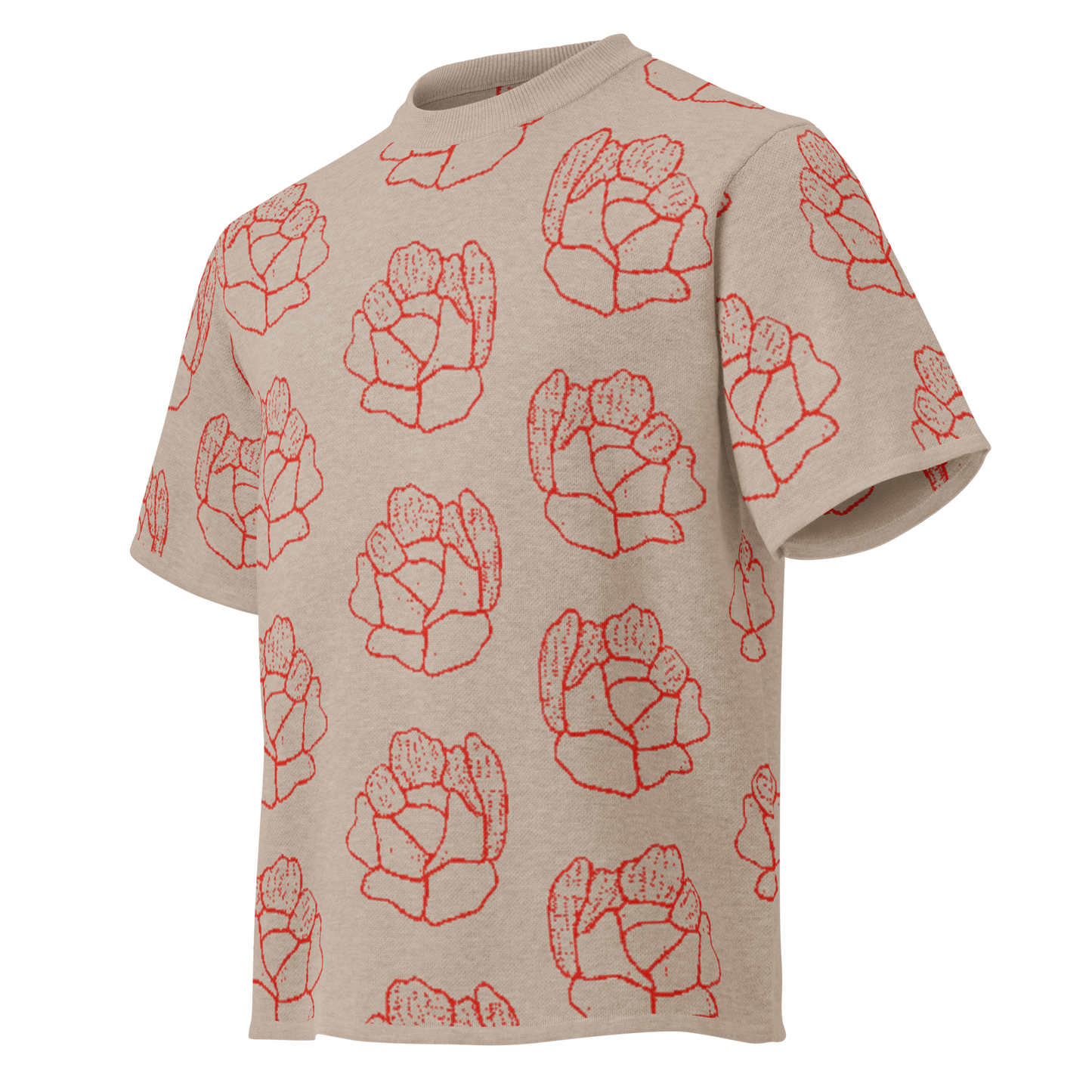 Camiseta streetwear de punto floral beige y rojo para hombre de la tienda de ropa Sanper Studio