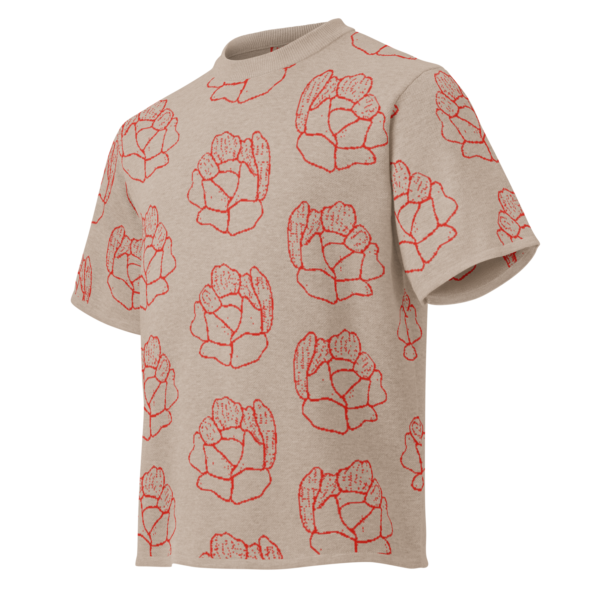 Camiseta streetwear de punto floral beige y rojo para hombre de la tienda de ropa Sanper Studio
