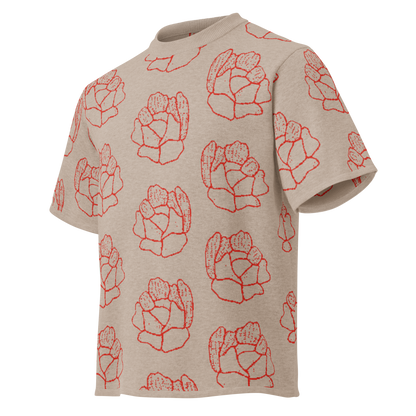 Camiseta streetwear de punto floral beige y rojo para hombre de la tienda de ropa Sanper Studio