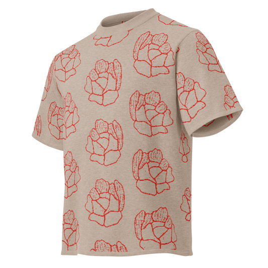 Camiseta streetwear de punto floral beige y rojo para hombre de la tienda de ropa Sanper Studio
